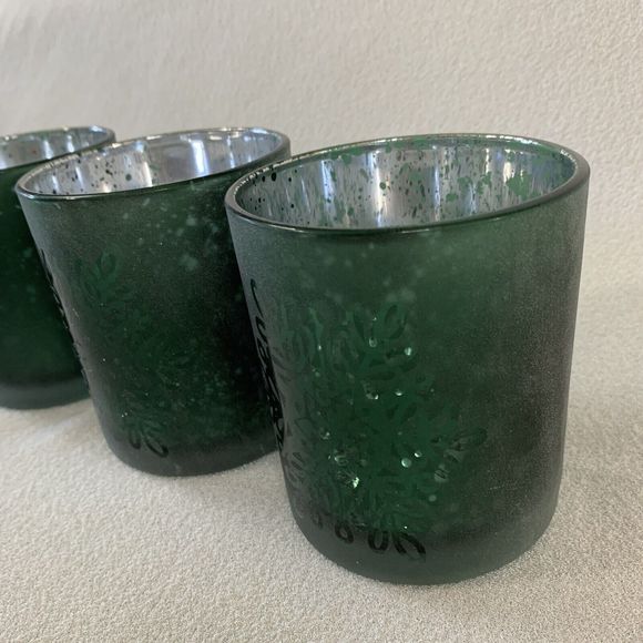 3 Glass Candle Holder Votive Tealight Christmas Holiday Snowflake Green Silver - Picture 7 of 16